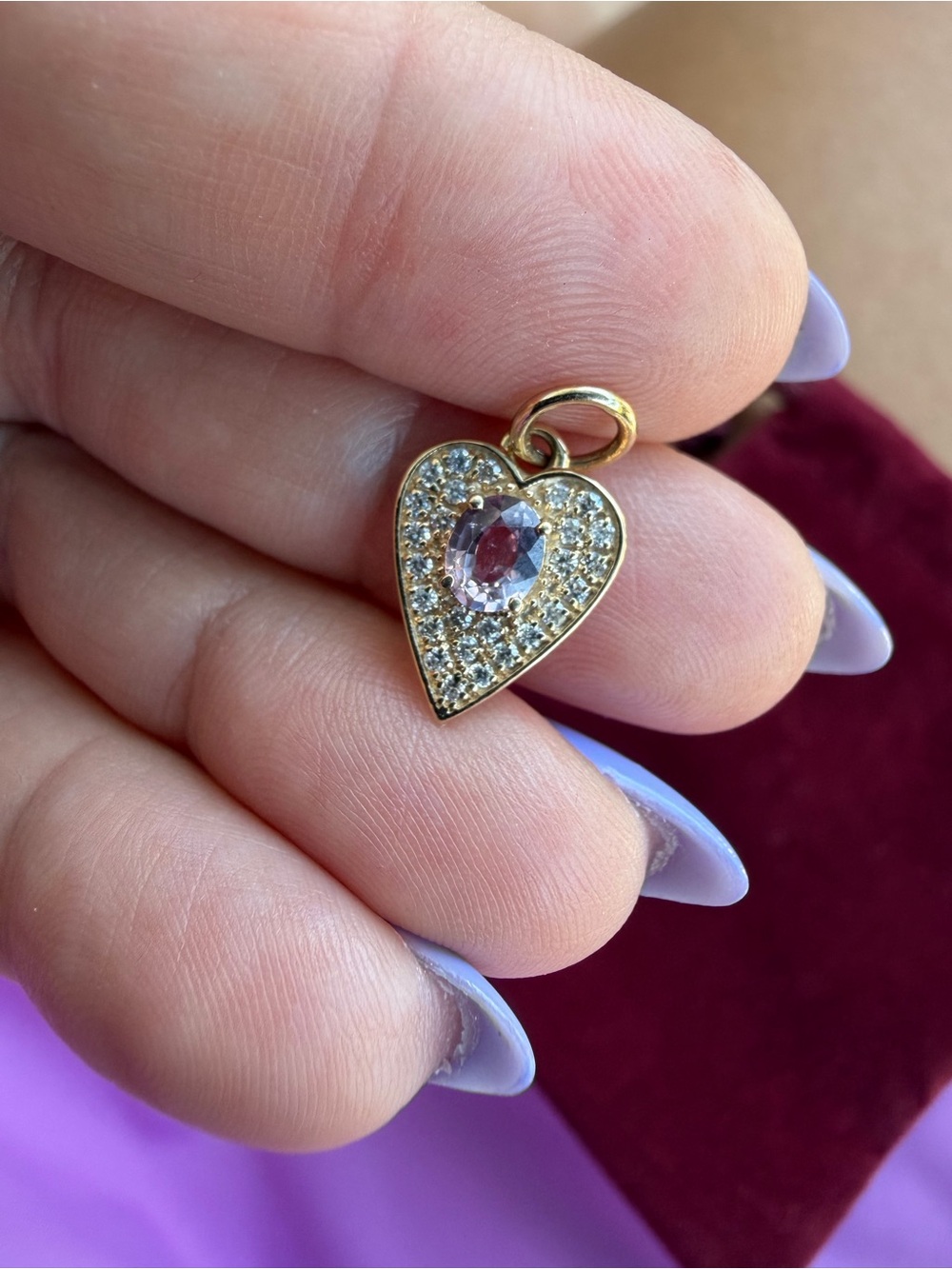 14k Yellow Gold Heart Pave Diamond and Pink Purple Sapphire Pendant